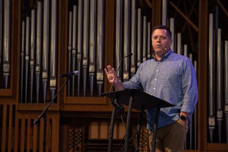 Jason Pyron, ministries and leadership development pastor at Bellevue Baptist Church in Cordova, Tenn., speaks at a Leadership and Stewardship Chapel. - Photo by Lindsey Atwood