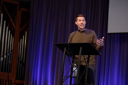 Joey Cadden, young adults pastor at West Jackson Baptist Church, speaks at a Local Church Chapel service. - Photo by Lindsey Atwood