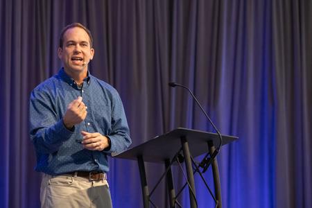 Lance Parrott, pastor of preaching and vision at Christ Fellowship Church in Bowling Green, Ky., speaks during the Homecoming Chapel. - Photo by Abigail Aspinwall