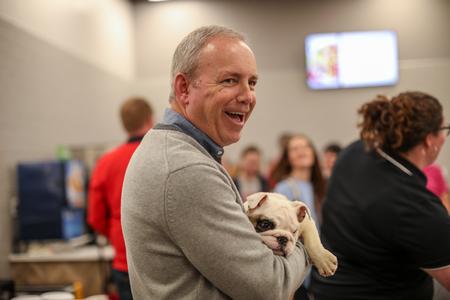 President Oliver and the new Buster mascot celebrate Union's 201st birthday in Brewer Dining Hall. - Photo by Karley Hathcock