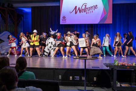 Student leaders get the Welcome Week Show started. - Photo by Karley Hathcock