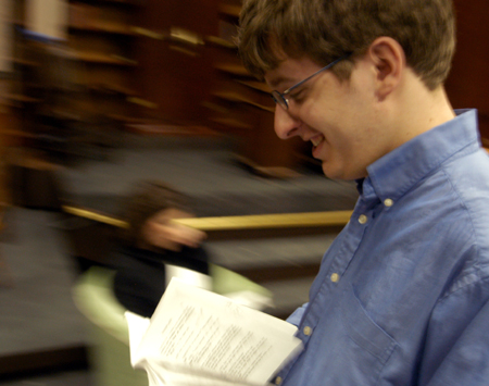 Junior Nic Pfost & Senior Ashley Mitchell run lines for the theatre's production of <i>Shadowlands</i>. - Photo by Kristen Nicole Sayres