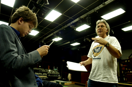 Professor David Burke directs Junior Nic Pfost and the rest of the cast during rehearsals of <i>Shadowlands</i>. - Photo by Kristen Nicole Sayres