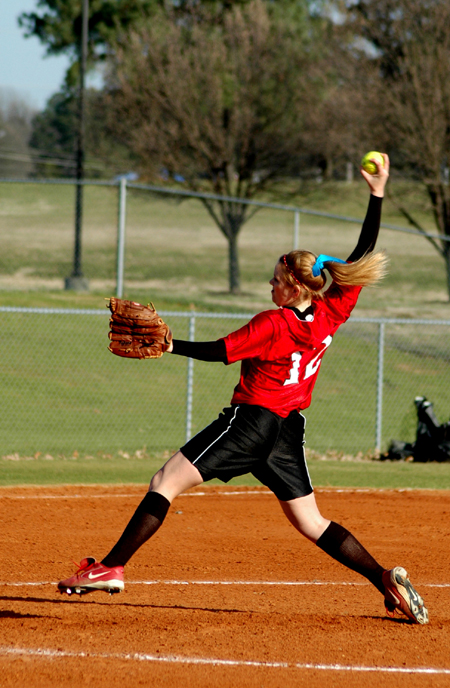 Jackie Cliff, during her windup as one of the top pitchers for the Union Lady Bulldogs. - Photo by Amanda Herron