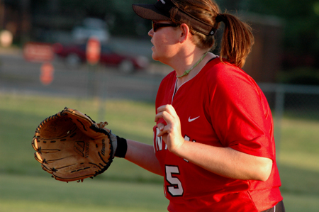 Junior first baseman Danielle Pope gets ready for action prior to the pitch. - Photo by Jonathan Blair