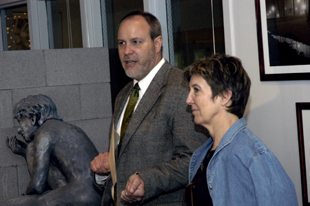 Art department chair Chris Nadaskay introduces visiting artist Berry Matthews during the Sculpture Workshop Reception in the Art Gallery. - Photo by Jonathan Blair