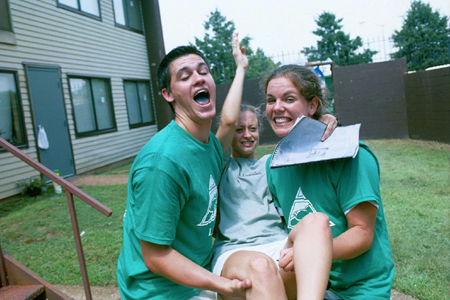 LIFE group leaders, Regan Carfield, Rachel Lovelace, and Casey Stafford, have fun during New Student Orientation 2002. - Photo by Amanda Smith