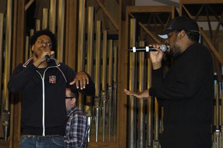Alums Will Gray & DJ Lee perform with their band Scratch Track during chapel. - Photo by Kathleen Murray