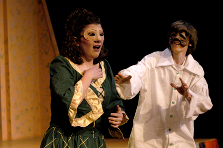 Sophomore Josh Wilkinson tries to console Senior Ashley Mitchell in <i>The Battle of Dim Wits</i>. - Photo by Kristen Nicole Sayres