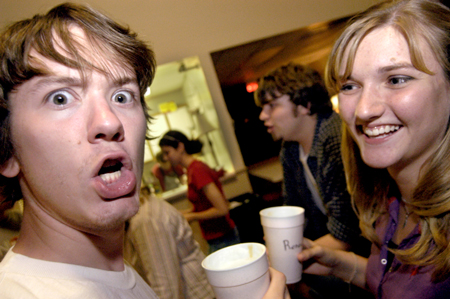 Freshmen Bryan Emerson & Renee Roberson enjoy some coffee in McAfee commons during finals week. - Photo by Jonathan Blair
