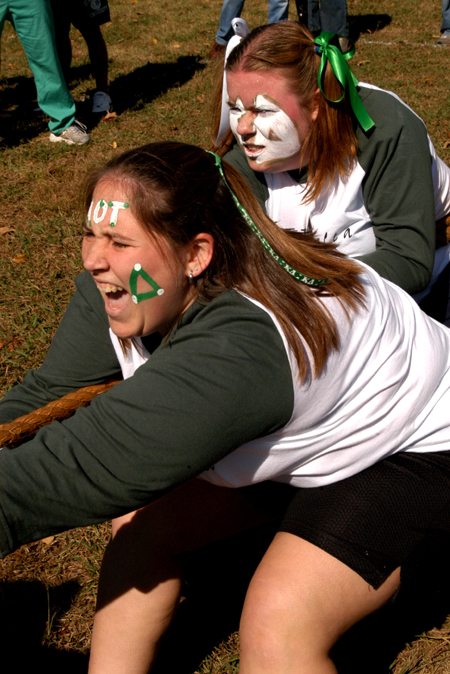 Jessica Barnes & Kim Kurz pull in the tug of war for Kappa Delta during the Greek Olympics. - Photo by Kristen Hiller