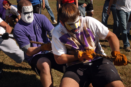 Drew Day & Stephen Ellis pull in the tug of war for Sigma Alpha Epsilon during the Greek Olympics. - Photo by Kristen Hiller