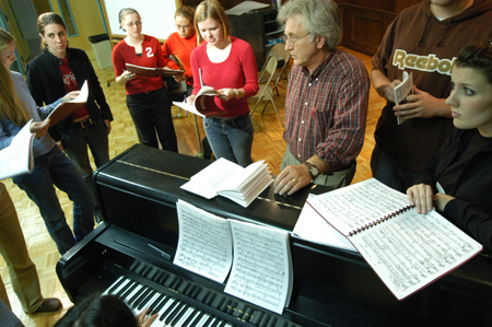 David Burke and the cast rehearse for <i>Alexander and the Terrible, Horrible, No Good, Very Bad Day</i>, which was presented by the Union University Players Nov. 15-18. Pictured from left to right: Katie Mathis, Catherine Schulz, Jill Casey, Julie Palmer, Courtney Braswell, David Burke, Jared Pengra, & Ashley Mitchell. - Photo by Kristen Hiller