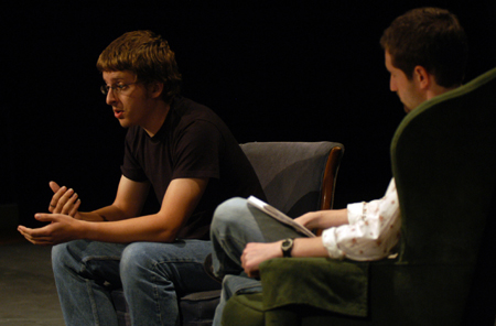 DMS major Nic Pfost talks about his films <i>Shower Story</i>, <i>The Femail Box</i>, and <i>2241</i> with host Eric Murrell during the 2004 Student Film Festival. - Photo by Jonathan Blair