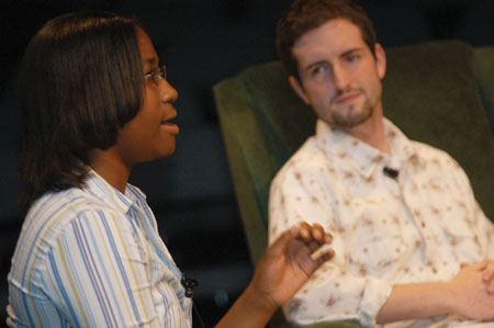 DMS major Jande Jackson talks about her film <i>Milking the Town</i> with host Eric Murrell during the 2004 Student Film Festival. - Photo by Jonathan Blair