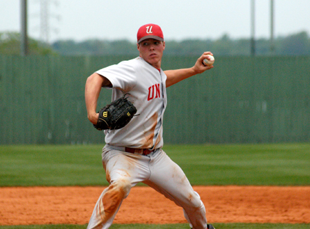 Freshman outfield/pitcher Jud Powers makes a pitch in the semifinals of the TranSouth Conference Tournament. - Photo by Steven Aldridge