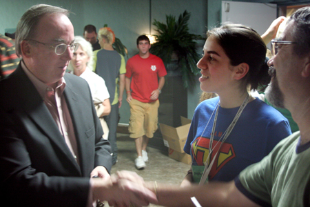 President Dockery welcomes Freshman Stephanny Rodriquez of Miami, Fla. & her father David shortly after the worship service during New Student Orientation. - Photo by Kyle Kurlick