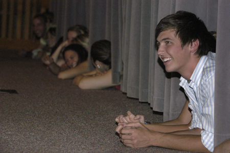 Sophomore Ross Barnes and other Focus leaders enjoy the Focus Show from a unique perspective during New Student Orientation. - Photo by Kathleen Murray