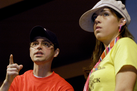 SAC adviser Justin Phillips and Senior Sarah Fellows act in the SAC Game Show during New Student Orientation - Photo by Kathleen Murray