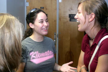 Junior Kat Kiper and Senior Cindy Harrell talk about life at the Student Life Fair during New Student Orientation. - Photo by Kyle Kurlick