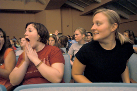 Junior Cassie Harris and Senior Kristin Veach anticipate the excitement of the Focus Show. - Photo by Brad Moore