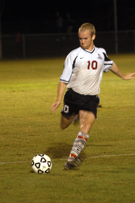 Sophomore Benny Crozier prepares to kick the ball during a game against Campbellsville University. - Photo by Brad Moore