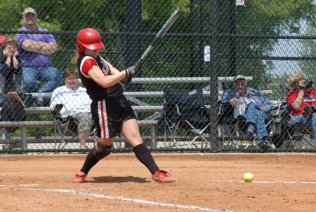Jessica Kee hits a ground ball in one of her at bats in the TranSouth Conference Tournament. - Photo by Julie Powell