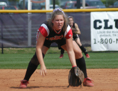 Union third baseman, Jessica Kee prepares during action in the TranSouth Conference Tournament. - Photo by Julie Powell