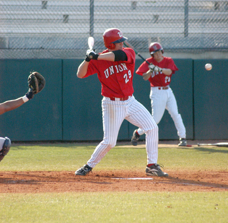 Senior Seth Silcock leans away from an inside pitch versus Martin Methodist in the final regular season series. - Photo by Steven Aldridge