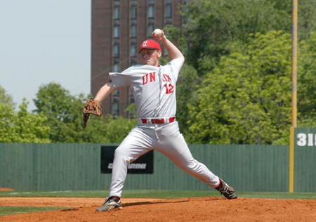 Josh Moss pitches for Union in the semifinal game versus Trevecca Nazarene in the TranSouth Conference Tournament. - Photo by Julie Powell