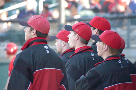 Several Union players respond to a deep fly ball hit to right field during a game at Union's Fesmire Field. - Photo by Steven Aldridge