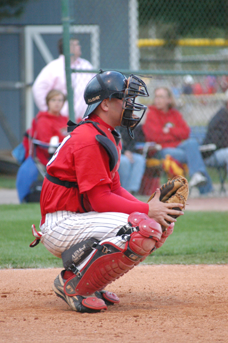 Sophomore catcher Zach Lowery gets set behind the plate during the TranSouth Conference Tournament. - Photo by Steven Aldridge
