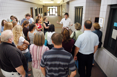 Sophomore Ross Barnes leads a group of prospective students on a tour of Union's campus during Preview Day. - Photo by Brad Moore