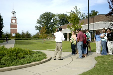 Sophomore Brent Parrish leads a group of prospective students and their families around Union's campus on Preview Day. - Photo by Kathleen Murray