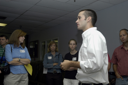 Sophomore Brent Parrish leads a group of prospective students and their families through Union's halls on a Preview Day. - Photo by Kathleen Murray