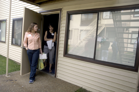 A prospective student and her mother emerge from looking at a dorm room during their tour of Union's campus on a Preview Day. - Photo by Kathleen Murray