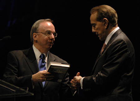 President Dockery presents Former Senate Majority Leader Bob Dole with a history of Union University, <i>So Great a Cloud of Witnesses</i>, shortly after Dole spoke at the 9th Annual Scholarship Banquet. - Photo by Kristen Nicole Sayres