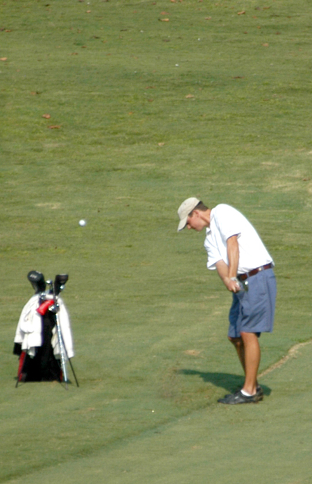 Cole Floyd hits a shot from the edge of the short rough during the Union University/Hidden Valley Invitational. - Photo by Steven Aldridge