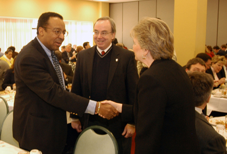 President and Mrs. Dockery welcome journalist Clarence Page to the Union Forum. - Photo by Morris Abernathy