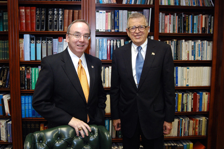 President Dockery visits with Dr. Charles Colson in the President's Office shortly before Dr. Colson spoke at Union. - Photo by Morris Abernathy