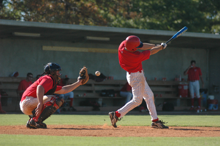 Senior second baseman Jeffrey Jackson gets
valuable time at bat this fall in preparation for the spring season. Both softball and baseball teams have been hard at work in hopes of receiving an invitation to the NAIA world series. - Photo by Kristen Nicole Sayres