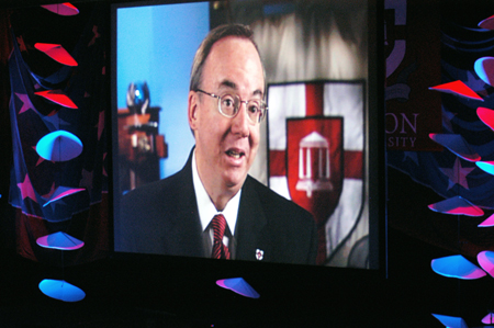 President Dockery is featured on a video that is shown annually at the Scholarship Banquet. This year's video helped launch the Union 2010 capital campaign. - Photo by Brad Moore