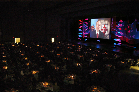 The large crowd at the 9th Annual Scholarship Banquet views a video on the Union 2010 capital campaign. - Photo by Brad Moore