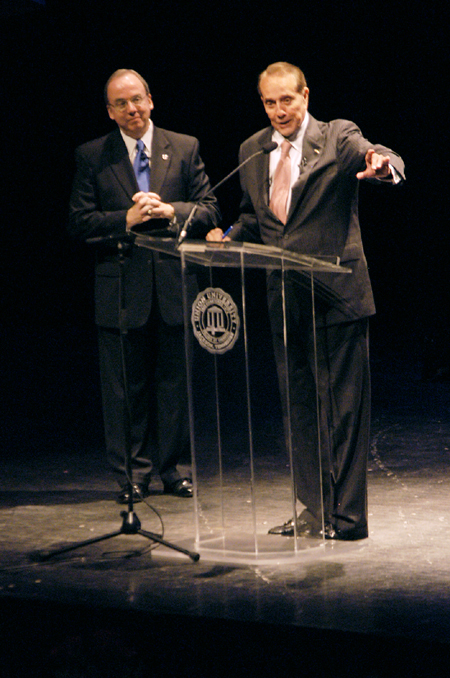Senator Dole answers questions following his remarks at the 9th Annual Scholarship Banquet. - Photo by Brad Moore