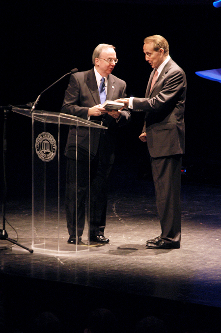 President Dockery presents Former Senate Majority Leader Bob Dole with a history of Union University, <i>So Great a Cloud of Witnesses</i>, shortly after Dole spoke at the 9th Annual Scholarship Banquet. - Photo by Brad Moore