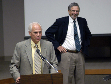 Dr. Stephen Carls, history department chair, introduces Dr. George Herring, professor emeritus at the University of Kentucky, at an afternoon lecture in Harvey Hall. Dr. Herring was the speaker for the 2005 Carls-Schwerdfeger History Lecture. - Photo by Morris Abernathy