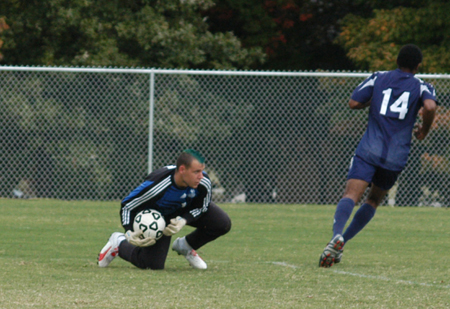 Senior goalie Robert Stinson saves a shot from a Spartan player during Union's 4-1 win over Missouri Baptist University. - Photo by Steven Aldridge