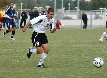 Sophomore Michael Pugh chases down the ball during Union's 4-1 win over Missouri Baptist University. - Photo by Steven Aldridge