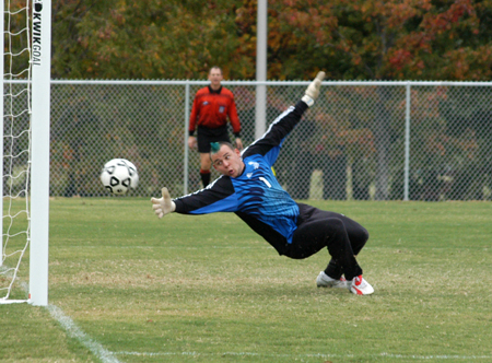 Senior goalie Robert Stinson deflects a shot past the goal in Union's 4-1 win over Missouri Baptist University. - Photo by Steven Aldridge
