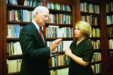 Associate professor of political science, Dr. Ann Livingston, gets a chance to question James Baker prior to the Scholarship Banquet. - Photo by Jim Veneman